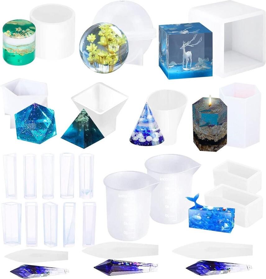 24pcs Crystal Resin Molds Garland- Crystal Shapes Pyramid Silicone Resin- Ball Strip Cone Cylinder Resin Moulds- Jewelry Making Mold
