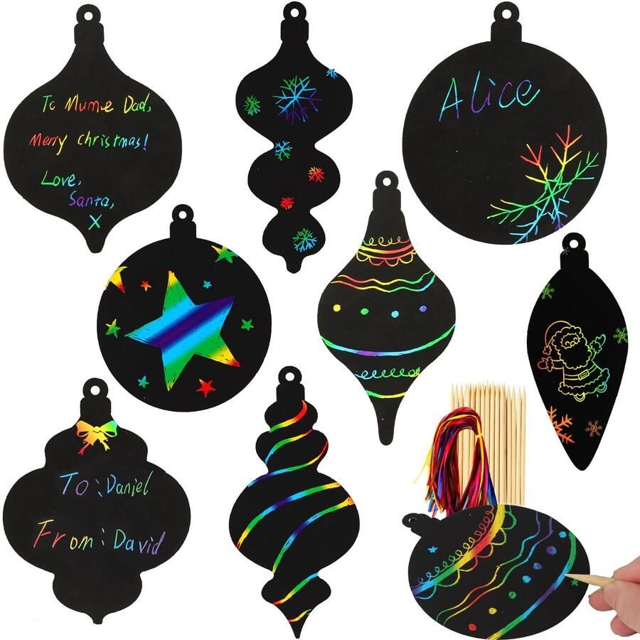24pcs Kids Scratch Art Baubles Scratching and Winning Rainbow Decoration Christmas Tree Bamboo Pens and Ribbon for Hanging Gift Party DIY (A)