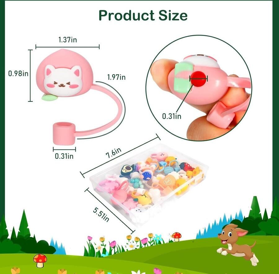 24pcs Reusable Cute Silicone Straw Covers Set of Straw Toppers for 6-8mm Straws