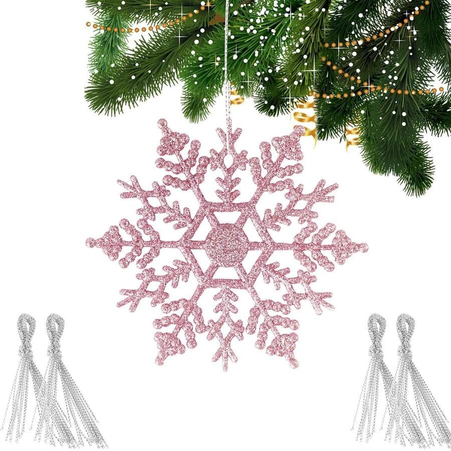 24pcs Snowflakes Glitter Pink Decoration for Christmas Tree Candy Christmas Decoration Artificial Snowflake Plastic Pendants Ornaments for Hanging