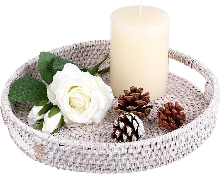 25 cm Rotan Dienblad Decoratieve Display Lade Tafel Opberglade met Handvat Desktop Organizer Servies Make-up Vanity Sieraden Kaars Ornament Whitewash