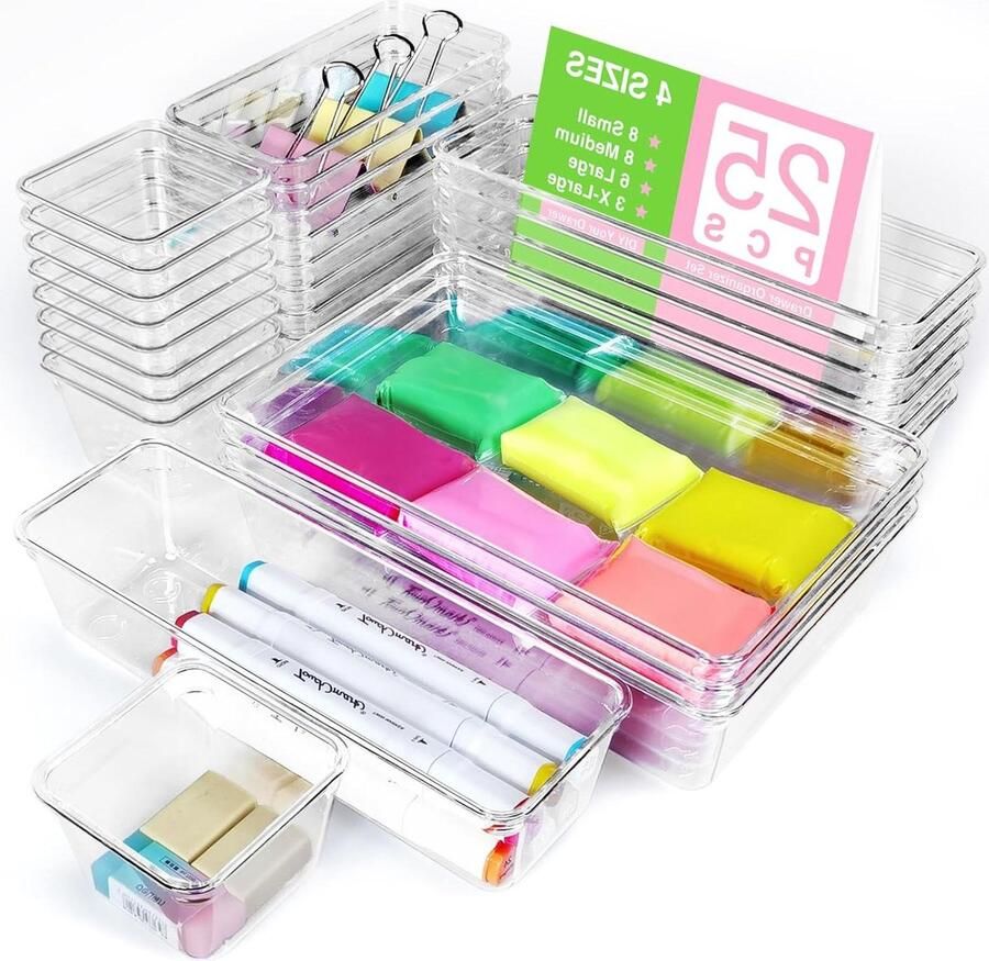 25-delige doorzichtige plastic opbergbakken voor cosmeticaorganisatie combineerbaar in 4 formaten make-up en keuken opslag ladeverdelers koelkast en ladevoeringen