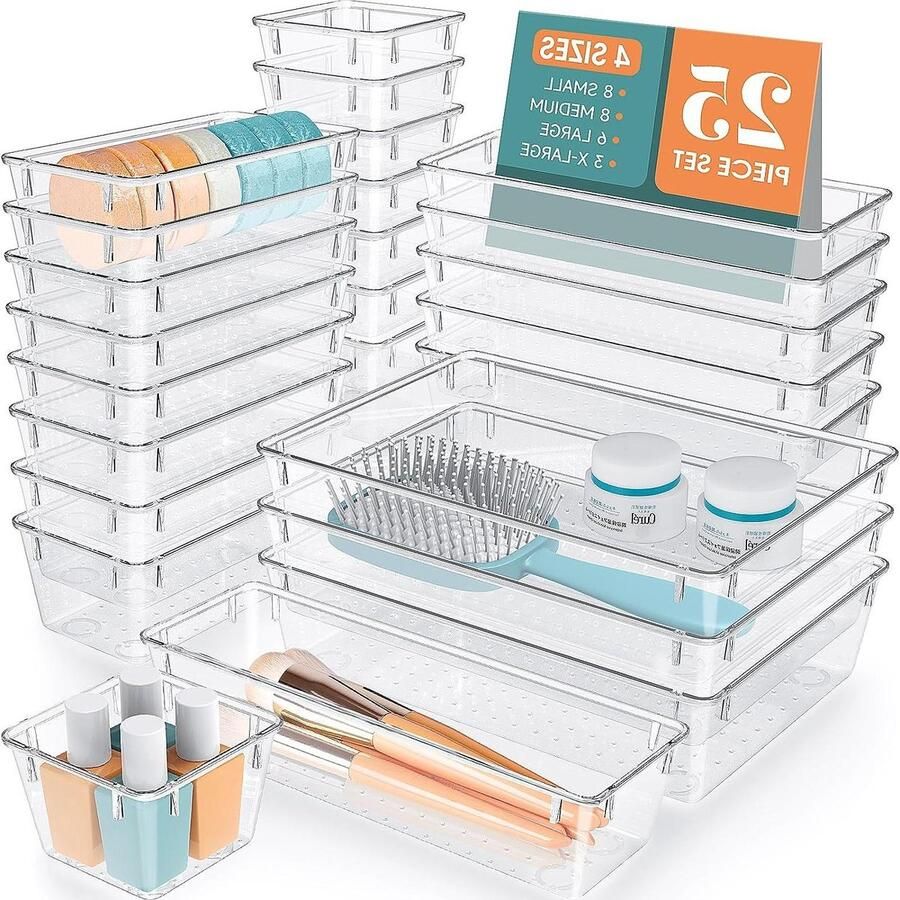 25 Pcs Clear Plastic Drawer Organizer Set 4 Sizes Desk Drawer Divider Organizers Makeup Jewelry Gadgets Storage Bins Kitchen Bedroom Bathroom Office