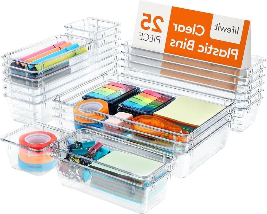 25 stuks lade organizer set doorzichtig plastic bureau lade verdelers trays dressoir opbergbakken scheidingsdoos voor make-up sieraden en gadgets slaapkamer badkamer kantoor