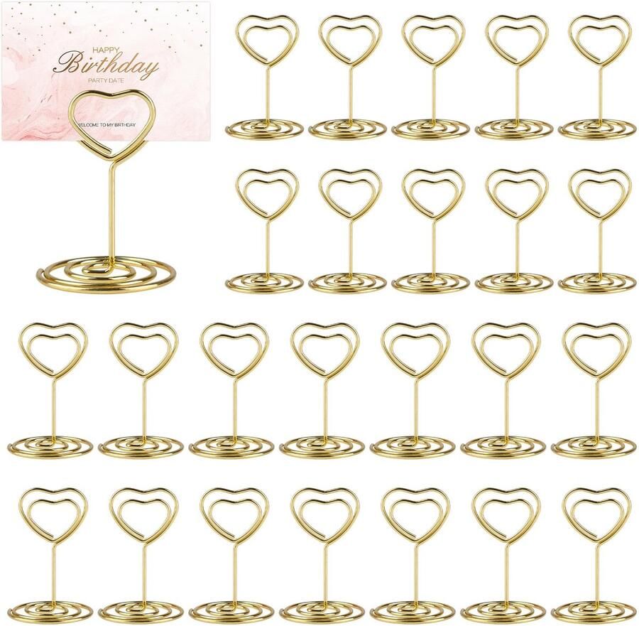 25 Stuks Metalen Hartvormige Tafelkaarthouders Met Spiraalvoet – Gouden Fotoclip Voor Tafelnummers Menukaarten Memo s – Bruiloft Feest Bureau – Goud
