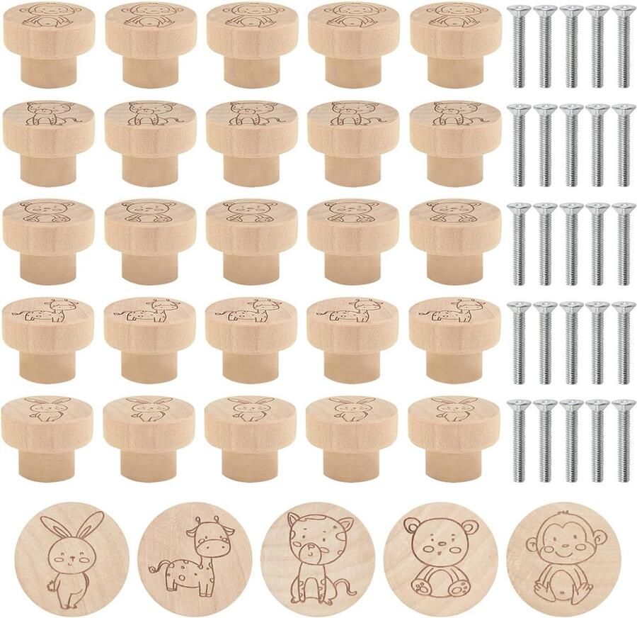 Goodivery 25 stuks meubelknoppen hout dierenprint kastgrepen rond 25 x 35 mm houten handvat houten knop voor kast commode woonkamer laden kast keuken (25)