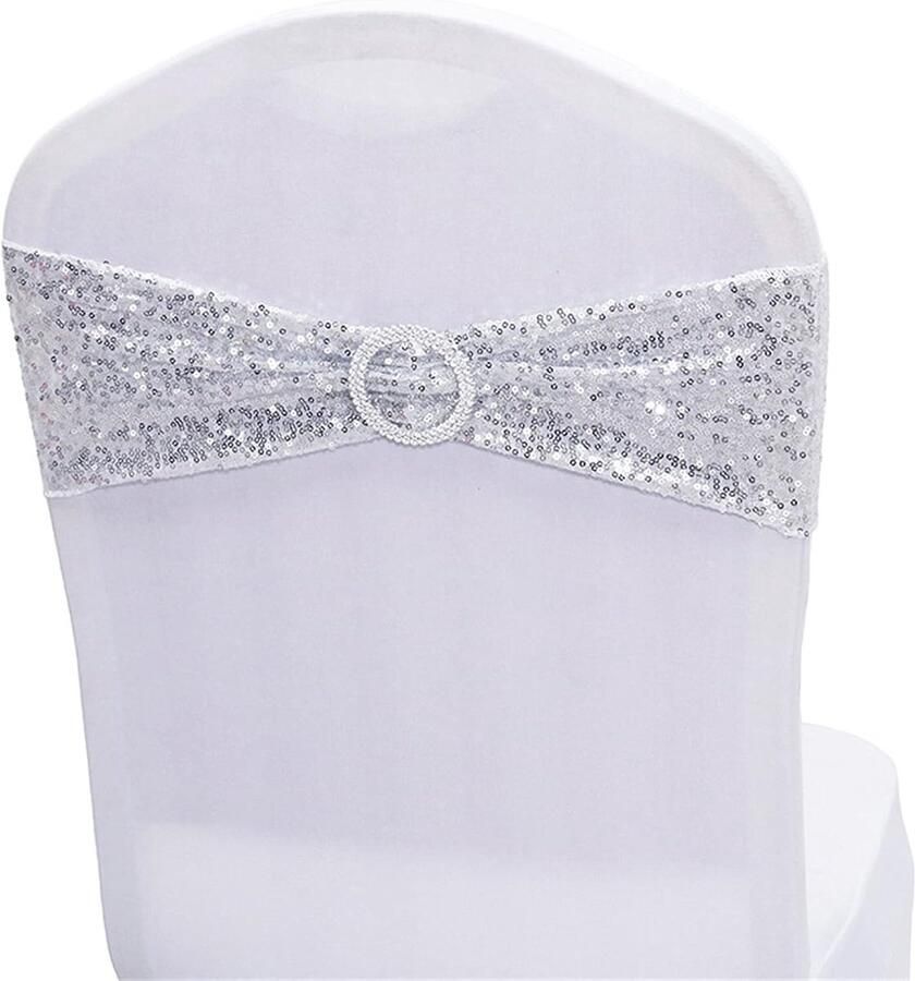 25 stuks stretch pailletten stoelbanden rekbare spandexbanden voor bruiloften recepties evenementen banketten stoelen en decoratie (zilver)
