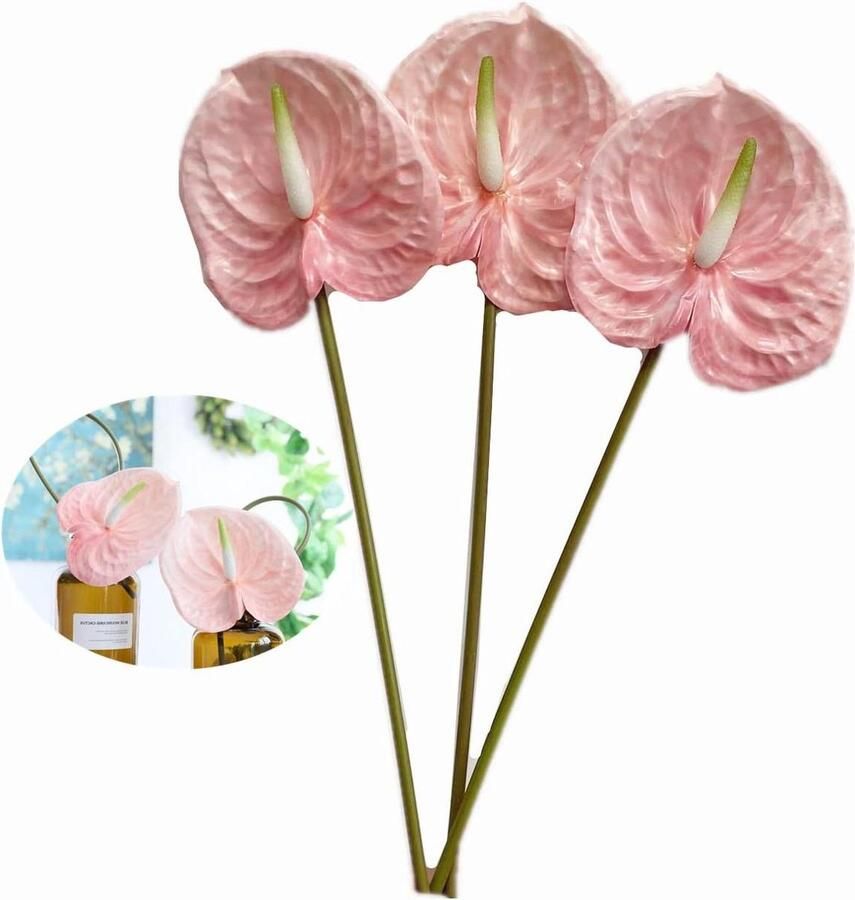 26 Kunstmatige Anthurium Lelie Bloemen Permanente Bloem3 Stks Tropische Imitatie Plant Bloem Boeketten voor Tafel Centerpieces RegelingBruids Bruiloft Festival Decor Bloem Arrangement (Licht Roze)