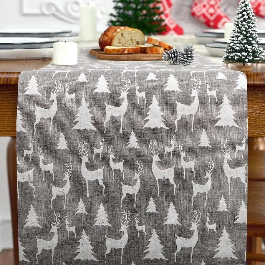 28 x 274cm Christmas Table Runners White Deer Table Runner Christmas Dinner Table Decorations for Seasonal Winter Xmas Kitchen Holiday Party (Grey)