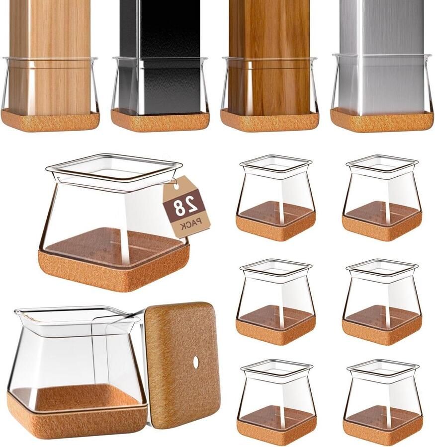28PCS Transparent Square Chair Leg Caps Floor Protectors for Chairs Silicone Felt Glides Chair Leg Covers (M:20-25mm)