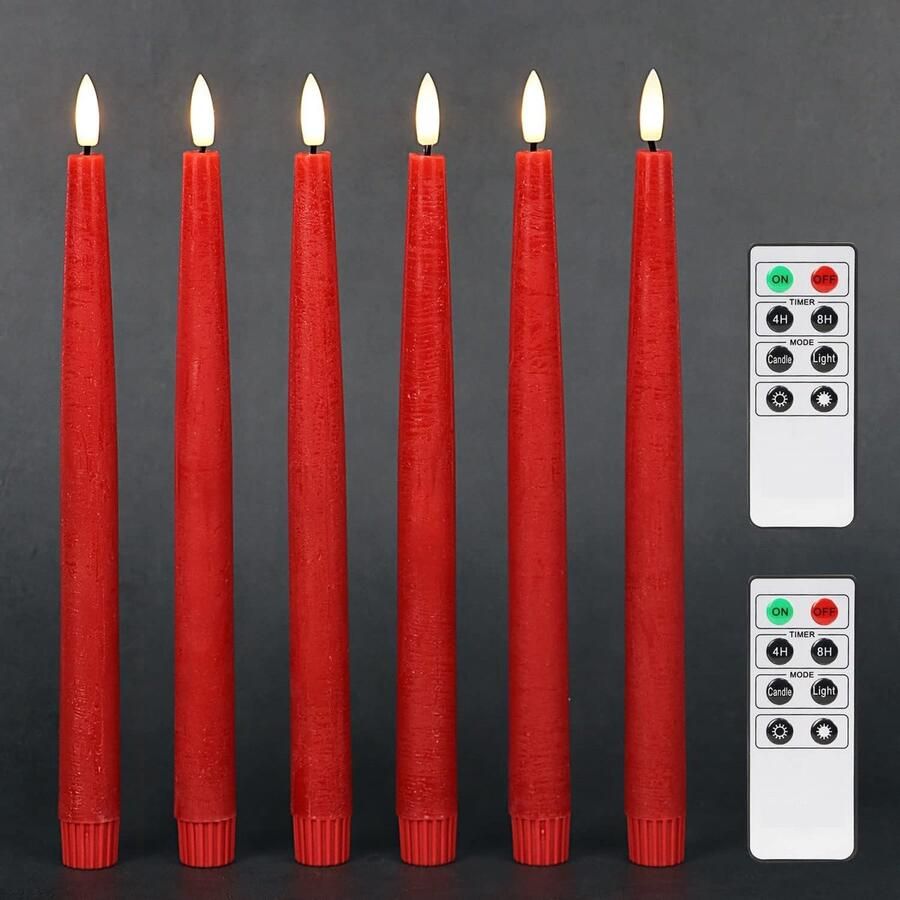 29 cm vlamloze taps toelopende kaarsen met timer batterij aangedreven eettafel lange kandelaar rustieke was warm witte LED 2 afstandsbedieningen inbegrepen Set van 6 (rood)