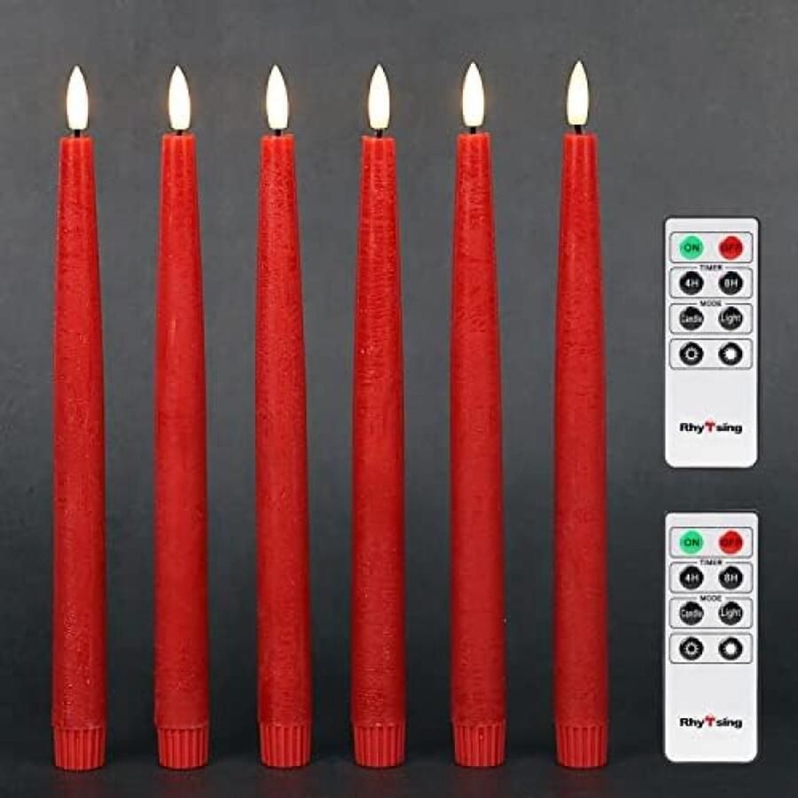 29 cm vlamloze taps toelopende kaarsen met timer batterij-aangedreven eettafel lange kandelaar rustieke was warm witte LED 2 afstandsbedieningen inbegrepen Set van 6 (rood)