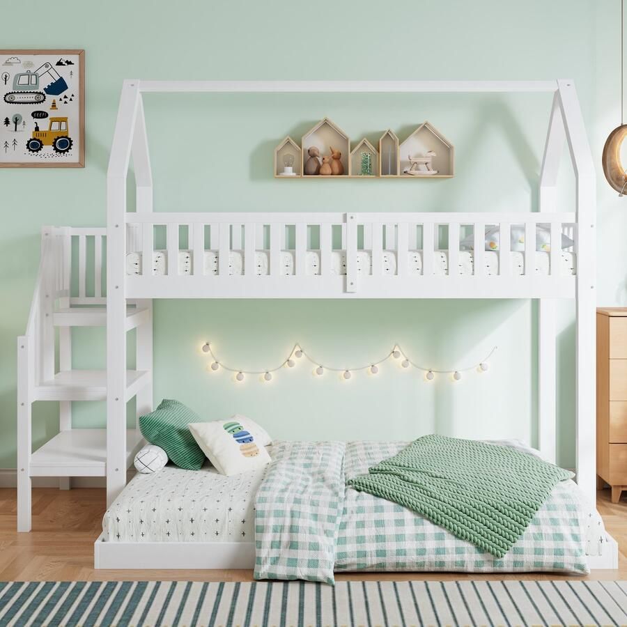 [29994142WAA]Etagenbed huisbed met trap kinderbed met valsbescherming en rooster frame van Kiefer wit (90x200)