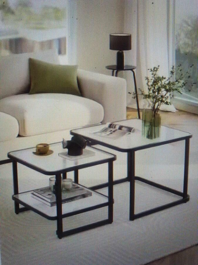 2Multifunctioneel Set LED Salontafels Vierkante Bijzettafel 60x60x45 50x50x40cm Koud Natuurlijk & Warm Licht Pas de Helderheid Aan om de Perfecte Sfeer te Creëren- Ruimtebesparend- Modern Charme Stalen Zwart Frame & Mat Glas- Samen & Apart 16.7Kg
