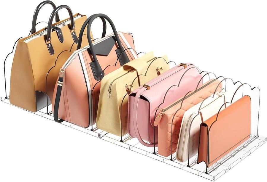 Allecto Plus 2 stuks verstelbare doorzichtige plankenverdelers voor handtassen organizer voor plastic tassen uitschuifbaar schap voor kast en garderobe slaapkamer opbergoplossing