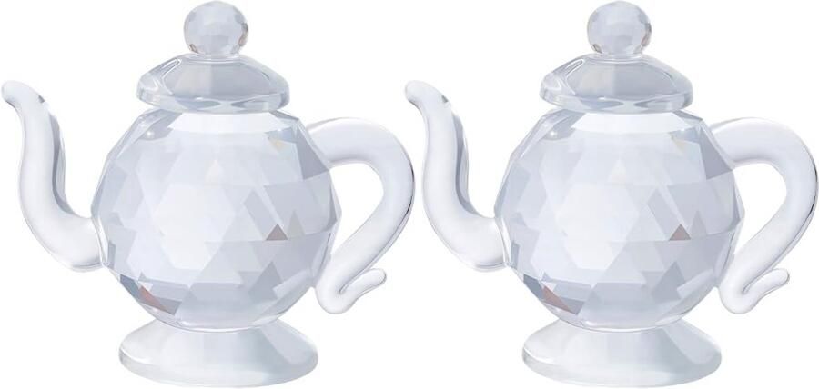 2Pcs Crystal Teapot Figurine Clear Glass Faceted Chinese Teapot Display Tabletop Ornament Statue Mini Sculptures for Home Office Dining Table Centerpiece Decorations