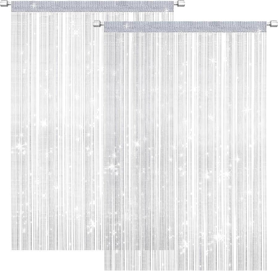 2pcs Glitter Curtain Panel Set 100x200cm Decorative Door Curtain Tassel Ribbon Strip Silver Screen Room Divider for Living Room Bedroom Party White Deurgordijn