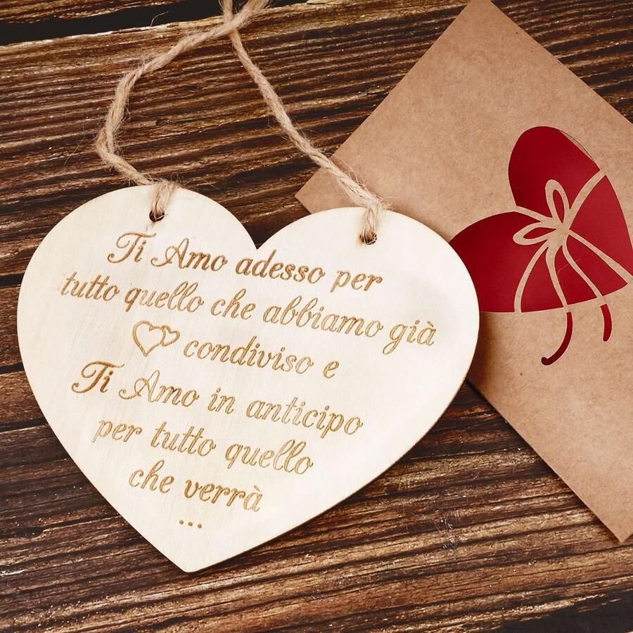 2pcs love gift set 1 heart shaped wooden board with Italian love words and 1 kraft paper love greeting card with envelope love decoration for gift Valentine's Day anniversary birthday etc