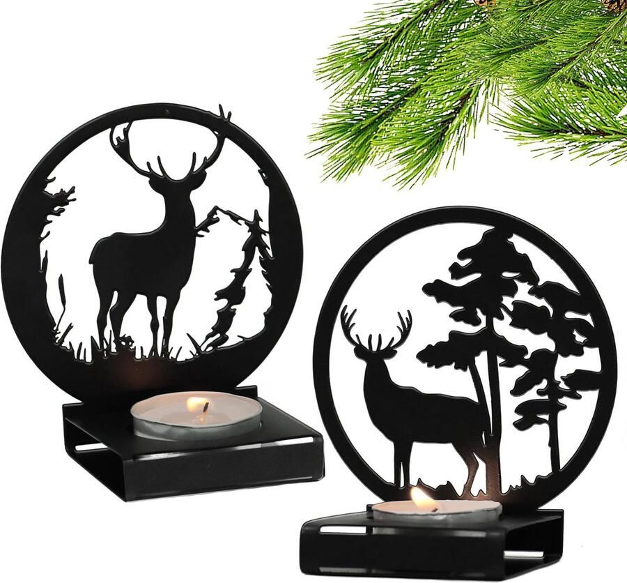 2Pcs Metal Stag Tealight Holders Reindeer Candlesticks Christmas Vintage Table Decorations Centerpiece Ornaments Tabletop Decor for Xmas Gift Wedding Home Table Decoration