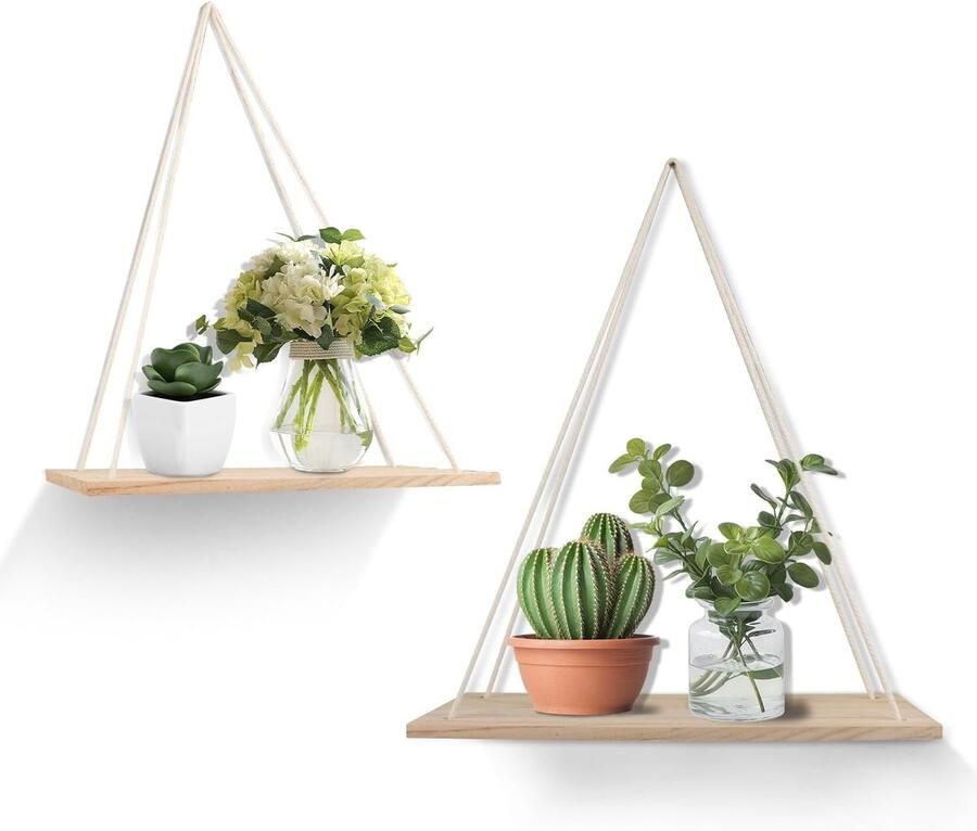2Pcs Rope Hanging Floating Shelves Wandplanken voor Modern Interieur Houten Planken met Touw voor Woonkamer Badkamer Slaapkamer