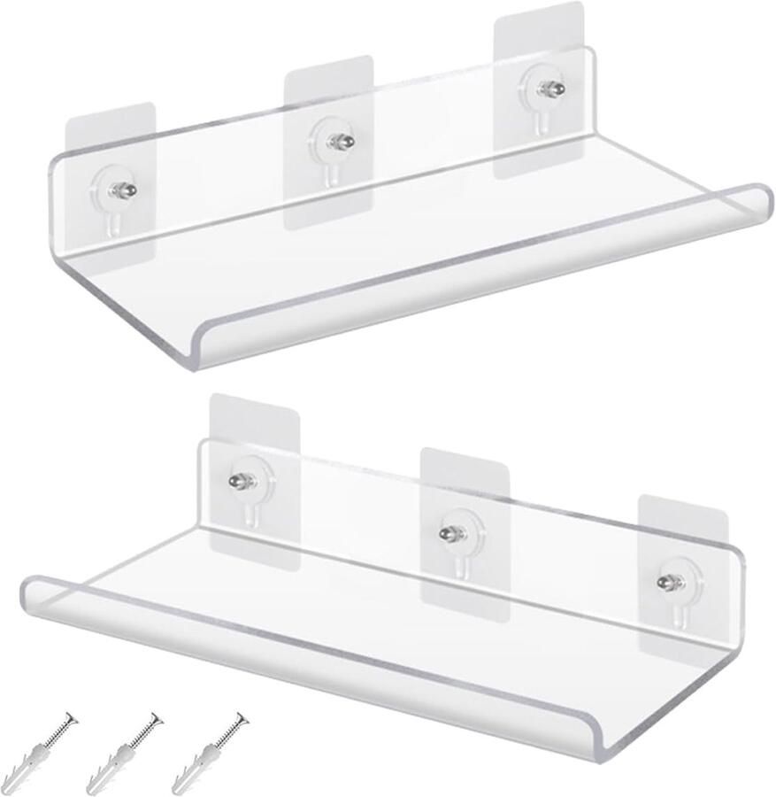 2Pcs Transparante Acryl Wandplanken 30x10cm Onzichtbare Zwevende Plank Zonder Boren voor Slaapkamer Woonkamer Badkamer Keuken Kantoor