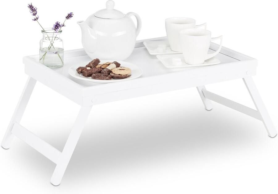 Relaxdays 2x bedtafel bamboe wit dienbladtafel dienblad op pootjes klapbaar op bed