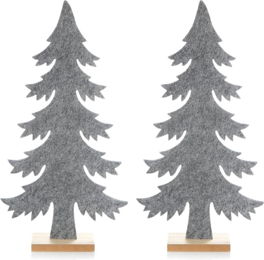 2x decoratieve display Kerstmis Kerstboom van vilt met houten voet Kerstboom tafel raam decoratie Spar grijs ornament op voet