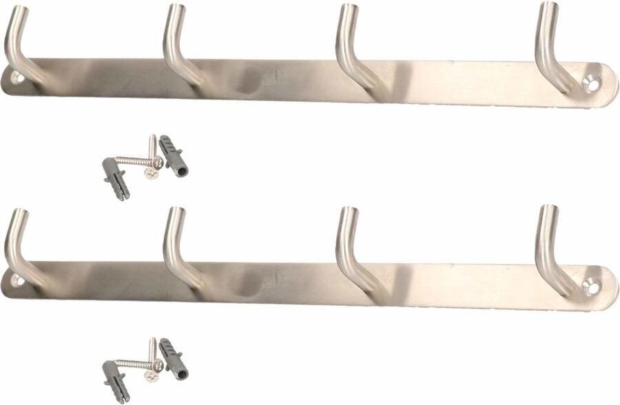 2x Luxe kapstokken jashaken zilver met 4 jashaken RVS 3 4 x 31 cm wandkapstokken garderobe haakjes deurkapstokken
