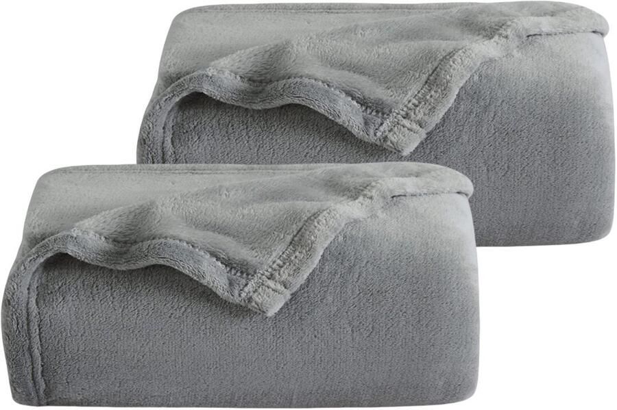 2x Plaid van fleece 130x170 cm grijs superzachte deken voor bank en bed