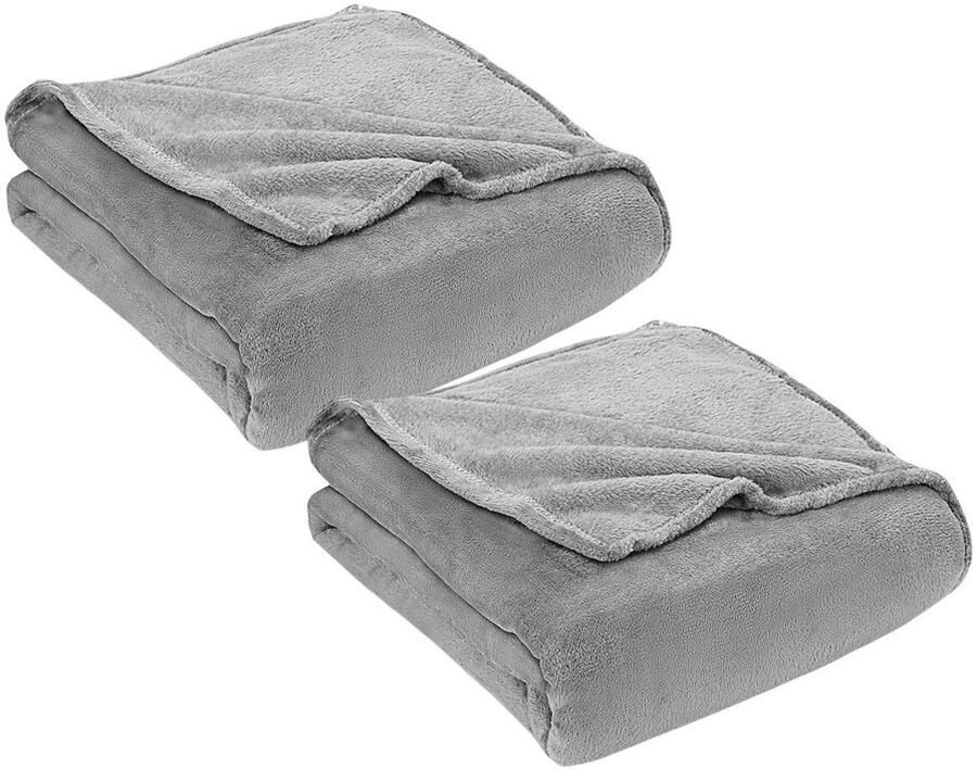 2x Plaid van fleece 220x240 cm grijs superzachte deken voor bank en bed