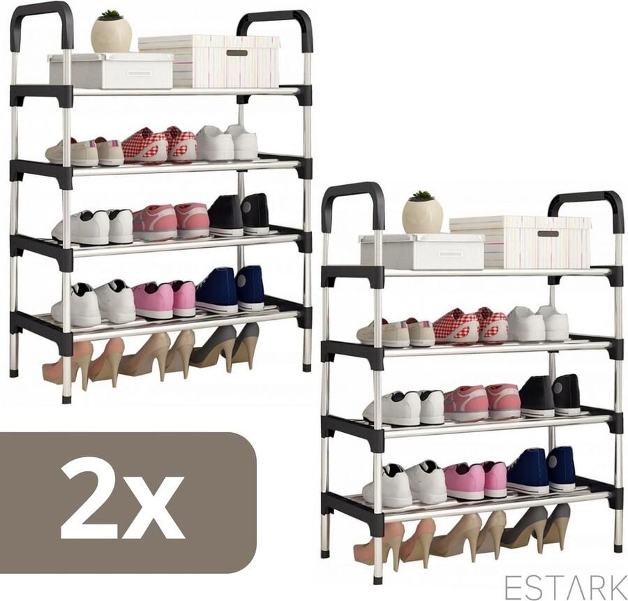 ESTARK 2x Schoenenrek Praktische Schoenenkast XXL 2 REKKEN Zwart Metaal Schoenen Rek Kast Opbergkast Shoe Rack Voor 16 Schoenen Schoenenrek 16 Paar x2