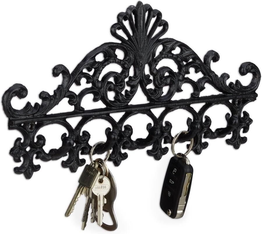 Relaxdays 2x wandkapstok gietijzer sleutelrekje 5 haken zwarte kapstok muurkapstok