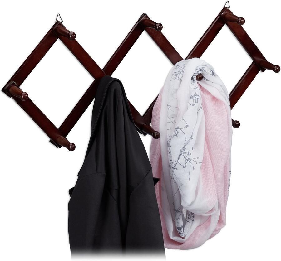 Relaxdays 4x wandkapstok hout 10 haken muurkapstok uitschuifbaar donkerbruin