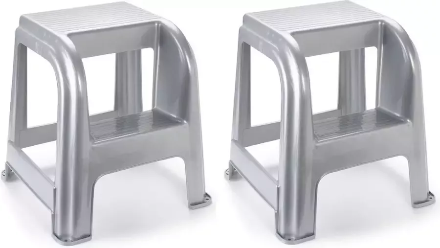 2x Zilveren keukenkrukjes opstapjes met 2 treden 45 cm Keuken badkamer krukjes opstapjes