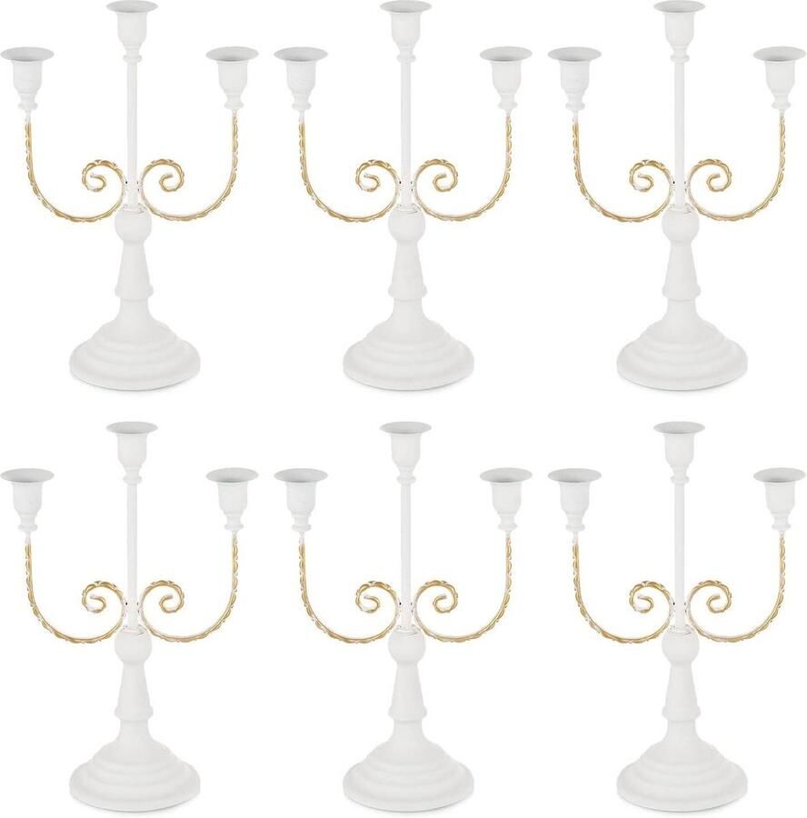 3-armige kandelaar wit set van 6 vintage metalen kaarsenhouders voor staafkaarsen bruiloft feest Kerstmis tafeldecoratie open haard console tafel decoratie woonkamer