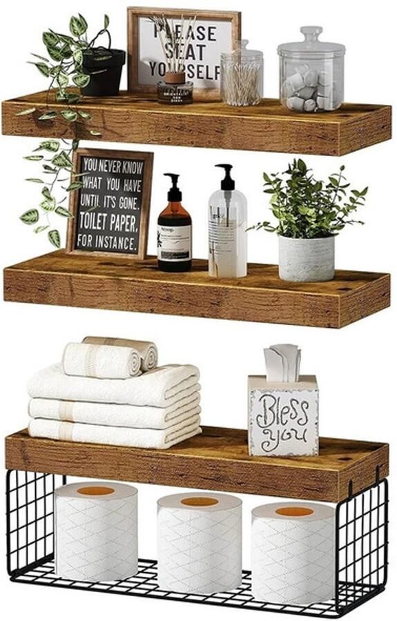 3 artikelen Zwevende plank Opbergrek Badkamerorganizer Wandplank van hout Donkerbruin
