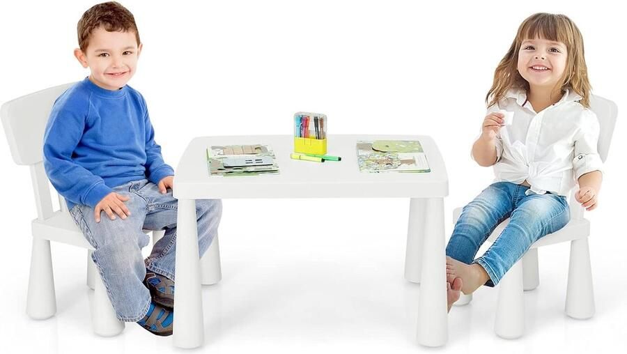 3-delig kinderzitgroep kindertafelgroep kindertafel met 2 stoelen kindermeubels van kunststof kinderplacemat voor kleuterschool en kinderkamer (wit)