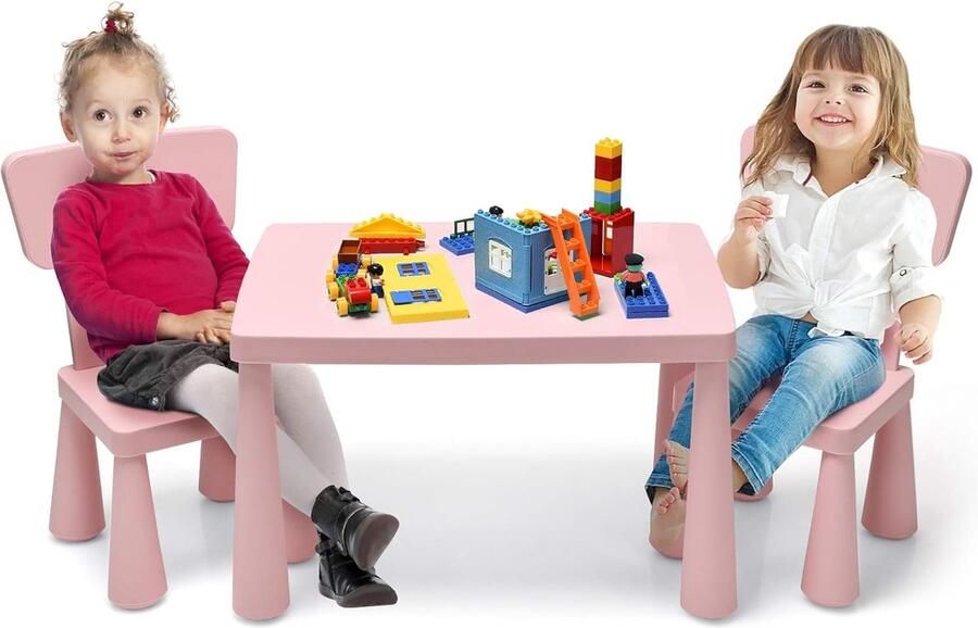 3-delig kinderzitgroep kindertafelgroep kindertafel met 2 stoelen kindermeubels van kunststof kinderplacemat voor kleuterschool en kinderkamer (roze)