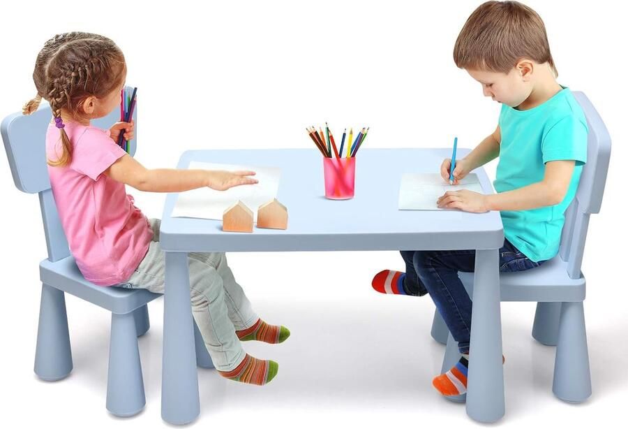 3-delig kinderzitgroep kindertafelgroep kindertafel met 2 stoelen kindermeubels van kunststof kinderplacemat voor kleuterschool en kinderkamer (blauw)