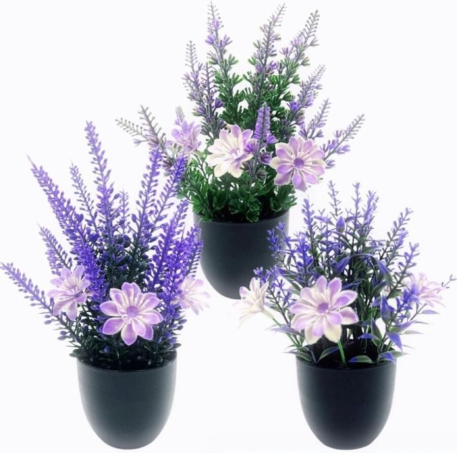 3-Delig Set Kunstplanten in Pot Kunstmatige Lavendel Plant in Pot Nep Gevilte Bloempot Realistische Textuur Paarse Plant Onderhoudsarm Geschikt voor Woning Kantoor Plank Bureau Boerderij Woonkamer Salontafel Bruiloft Decoratie