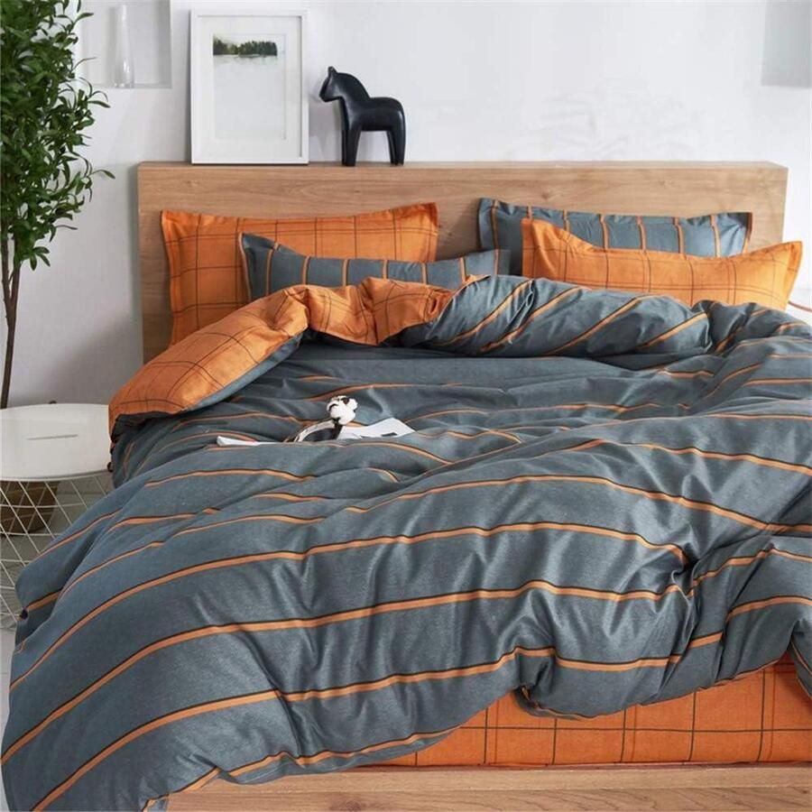 3-delig zacht microvezel beddengoedset ademend modern tartan design dekbedovertrek set 1 dekbedovertrek + 2 kussenslopen oranje-grijs bed 150 160-220 x 240 cm dekbedovertrek 160x200