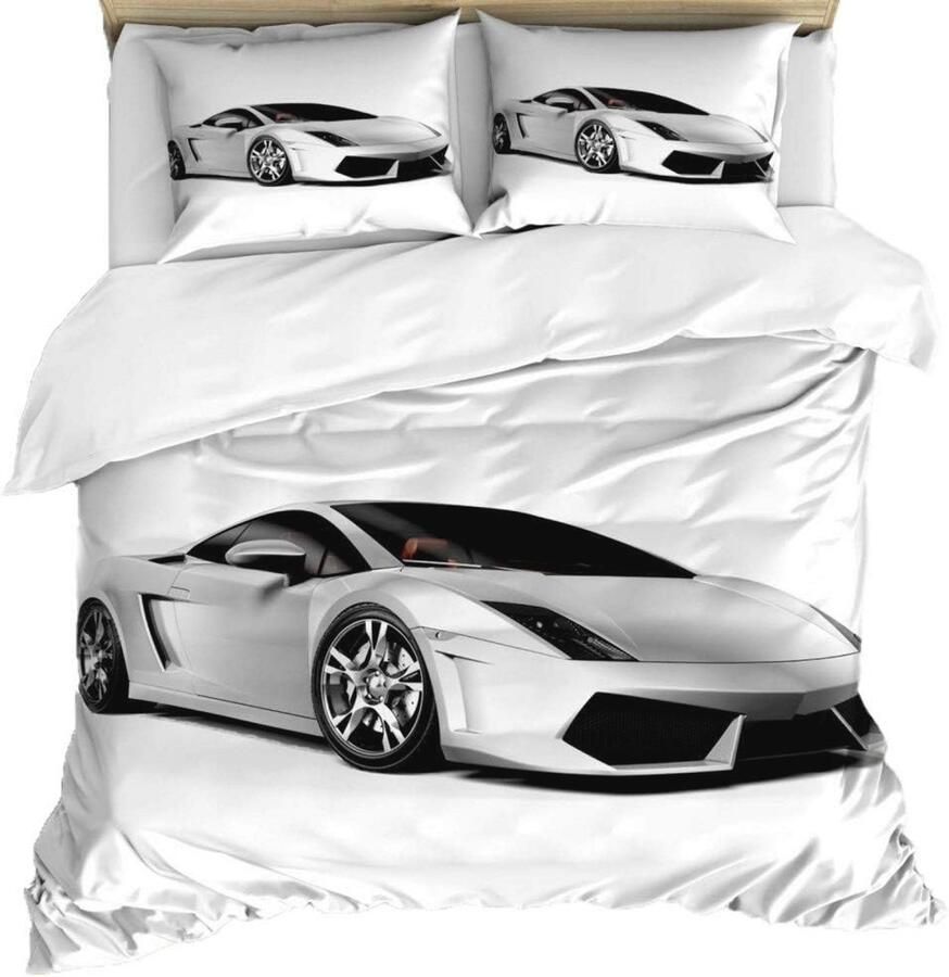 3-delige 3D-print sportwagen beddengoedset voor eenpersoonsbed Wit en Zwart