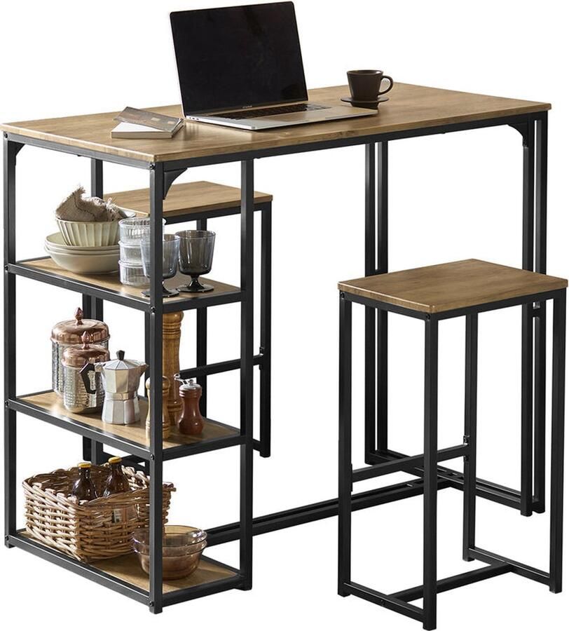 Rootz Living Rootz 3-delige bartafelset bartafel met 2 stoelen eetset MDF tafelblad met PVC metalen frame ruimtebesparende opbergplanken ideaal voor keuken eetkamer tuin 110 cm x 97 cm x 61 cm