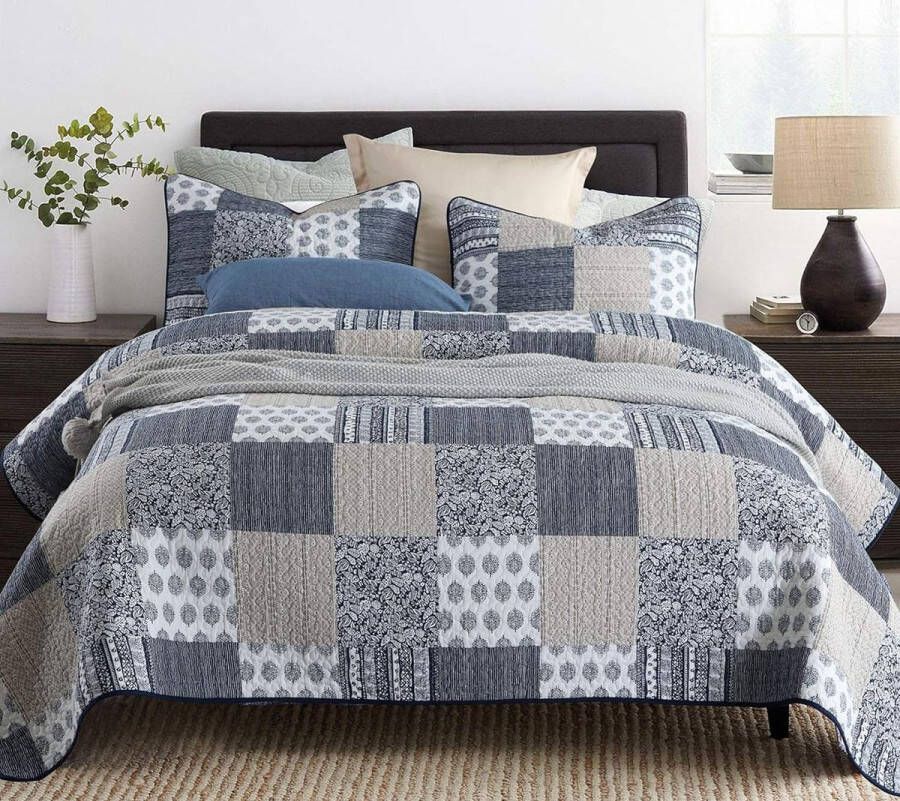 3-delige beddengoedset 230 x 250 cm beddensprei bedsprei patchwork deken dekbed voor tweepersoonsbed (zwart blauw)