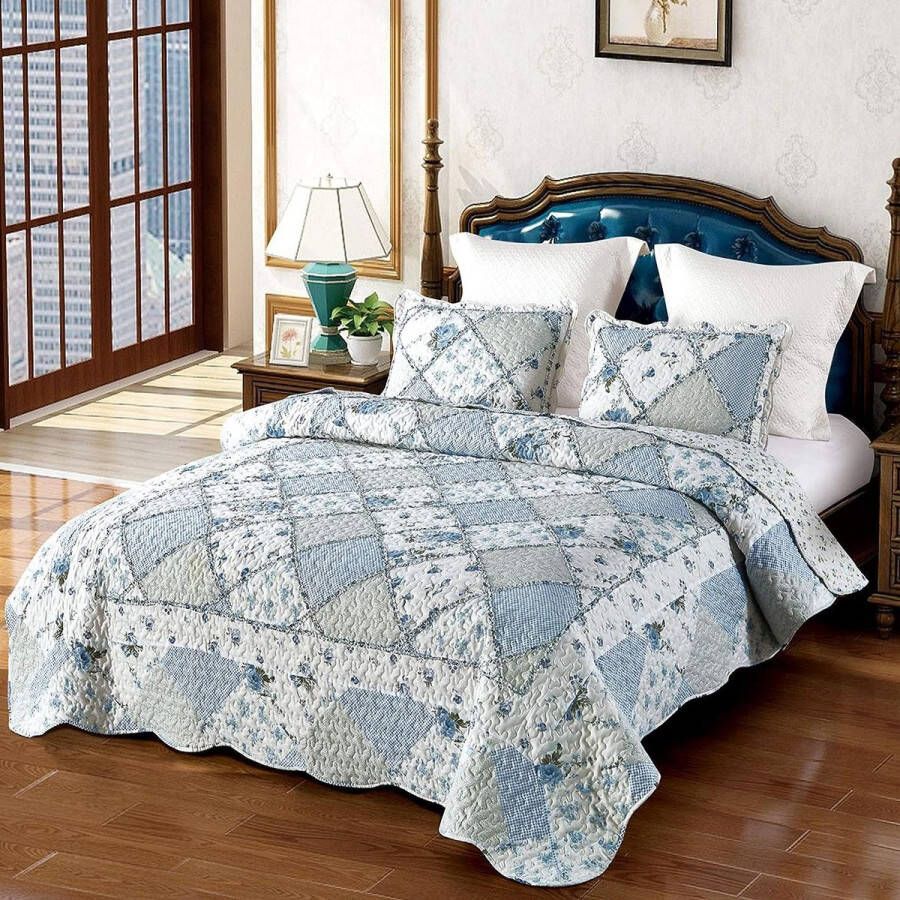 3-delige beddengoedset sprei 220 x 240 cm + 2 kussenslopen 50 x 70 cm bedsprei patchwork dekbeddekbed voor tweepersoonsbed (blauw)