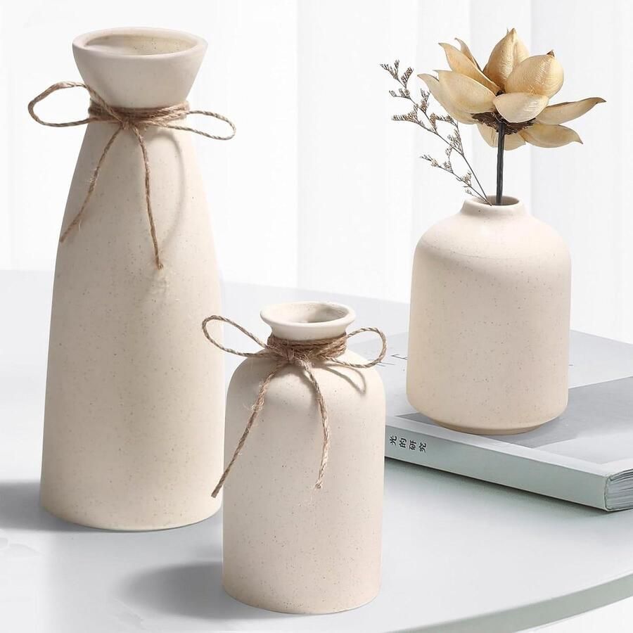 3-delige beige keramische vazen moderne rustieke boerderij woondecoratie decoratieve vazen voor pampasgras en gedroogde bloemen idee plank tafel boekenkast mantel