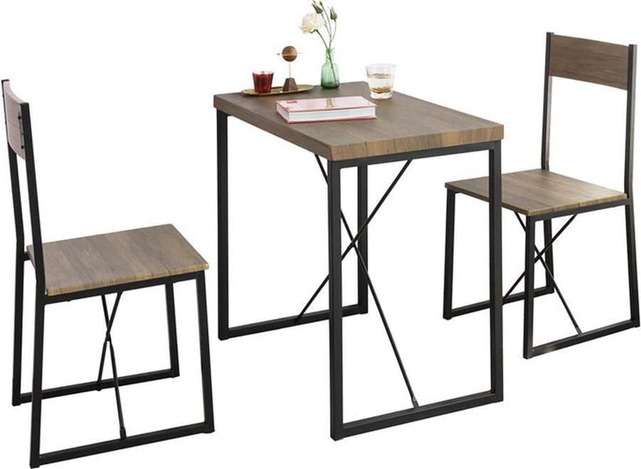 Rootz Living Rootz 3-delige eetset compacte keukentafel met 2 krukken ruimtebesparend ontwerp krasbestendige vloerbeschermers blad van MDF fineer metalen frame tafel: 80 cm x 75 cm x 50 cm kruk: 41 cm x 89 cm x 44 cm