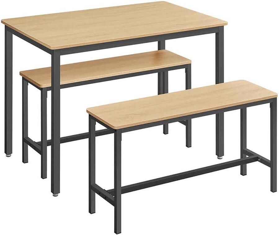 Woon Wereld Eettafel – Met 2 banken – set van 3 goud eiken –inktzwart