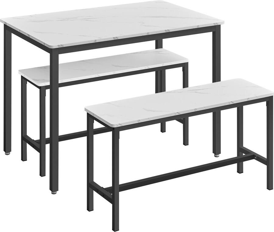 3-delige eettafelset met 1 tafel van 110 x 70 x 75 cm met stevig metalen frame en houtlook blad en 2 krukken van 97 x 30 x 50 cm geschikt voor maximaal 4 personen industrieel ontwerp Wit en zwart