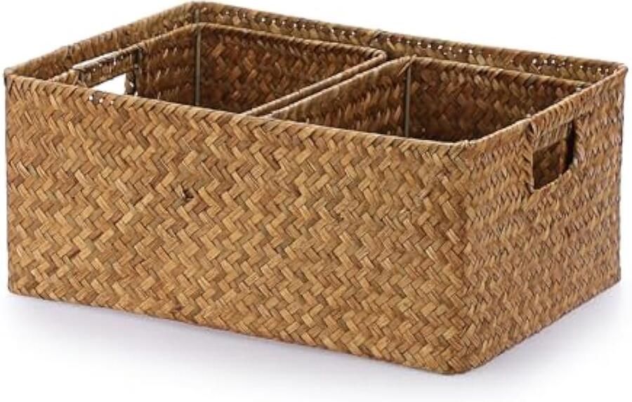 3-delige geweven zeegras-mandset rotanmand met handvat natuurlijke gevlochten plankmand voor het organiseren van speelgoed kleding fruit voor kledingkast en woonkamer